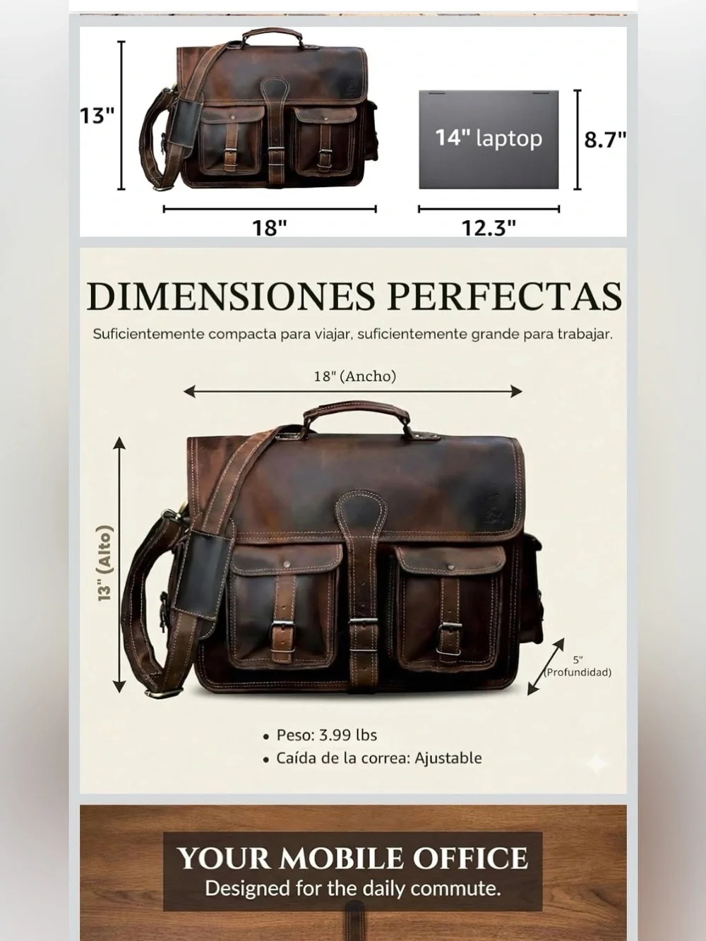 Men’s Dark Brown Leather Briefcase with Front Pockets